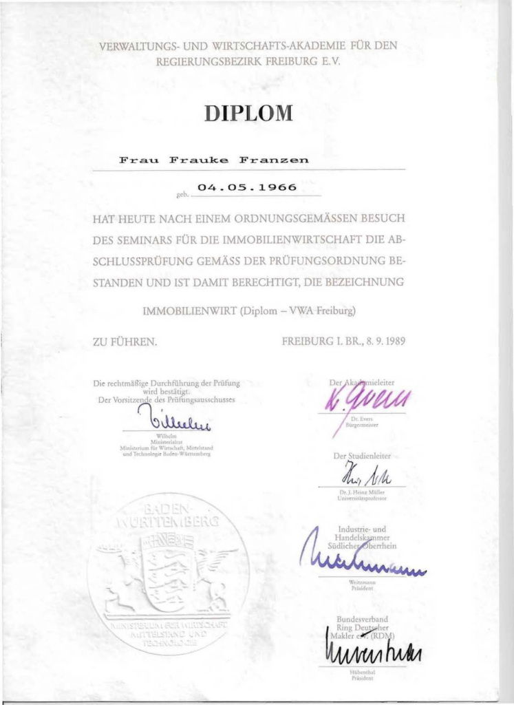 Frauke Franzen - Zertifikat
Immobilienwirt (Diplom - VWA Freiburg)